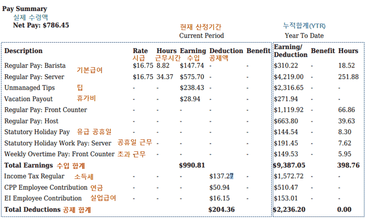 캐나다 급여 명세서